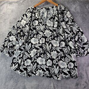 Jones New York Womens Top‎ 2X Black White Floral Blouse Boho Peasant Sleeve